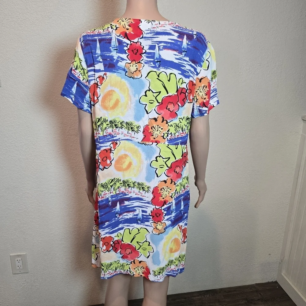 Loco Lindo Vintage Tropical Print Floral  Dress Size Large Short Sleeve Made Usa